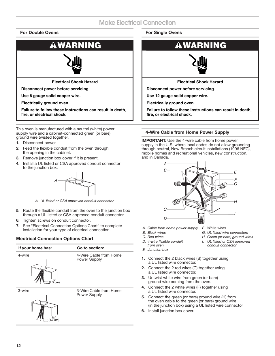 Make electrical connection, Warning | JennAir Euro-Style Series 30 Inch Double Combination Smart Electric Wall Oven Installation Instructions User Manual | Page 12 / 32