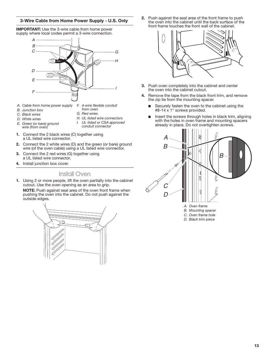 Install oven, Ac d b b | JennAir Euro-Style Series 30 Inch Double Combination Smart Electric Wall Oven Installation Instructions User Manual | Page 13 / 32