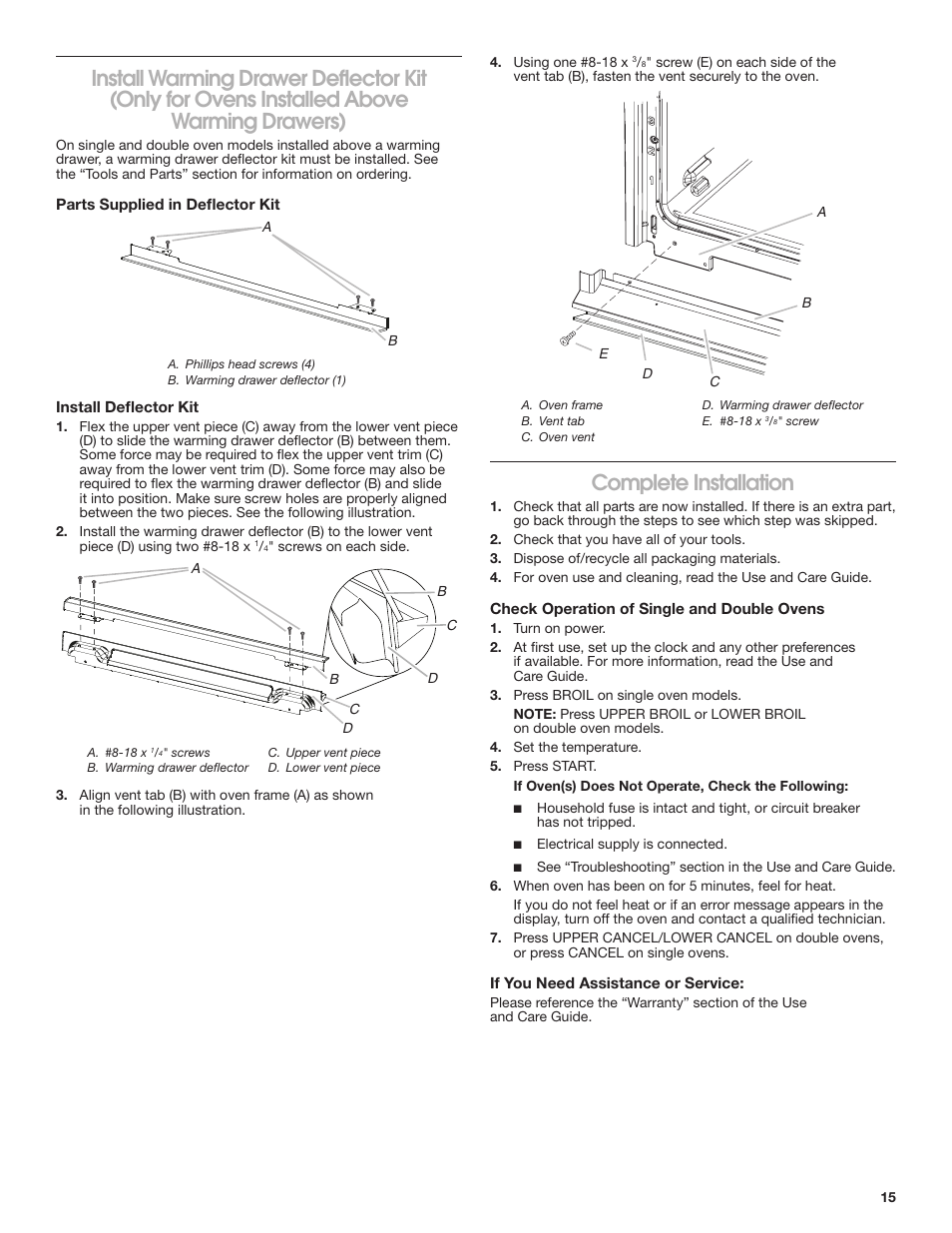 Complete installation, Install warming drawer deflector kit | JennAir Euro-Style Series 30 Inch Double Combination Smart Electric Wall Oven Installation Instructions User Manual | Page 15 / 32