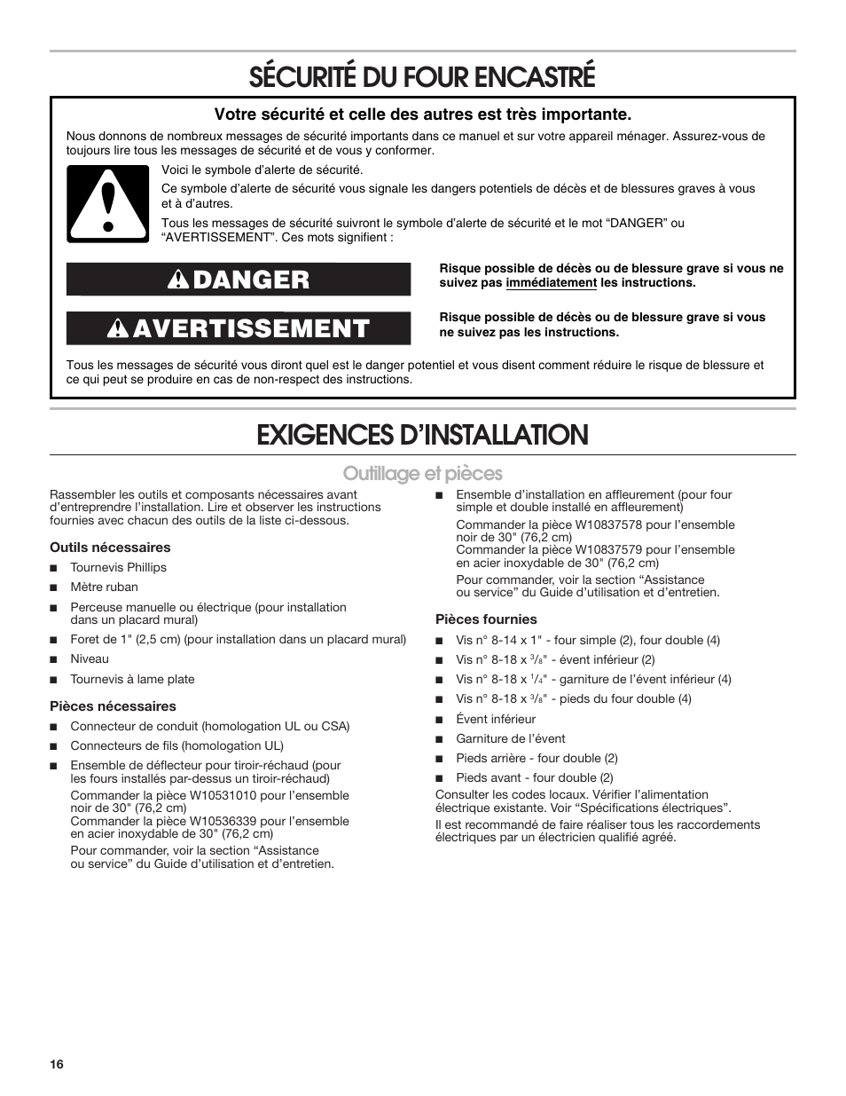 Sécurité du four encastré, Exigences d’installation, Outillage et pièces | Sécurité du four encastré exigences d’installation, Avertissement danger | JennAir Euro-Style Series 30 Inch Double Combination Smart Electric Wall Oven Installation Instructions User Manual | Page 16 / 32