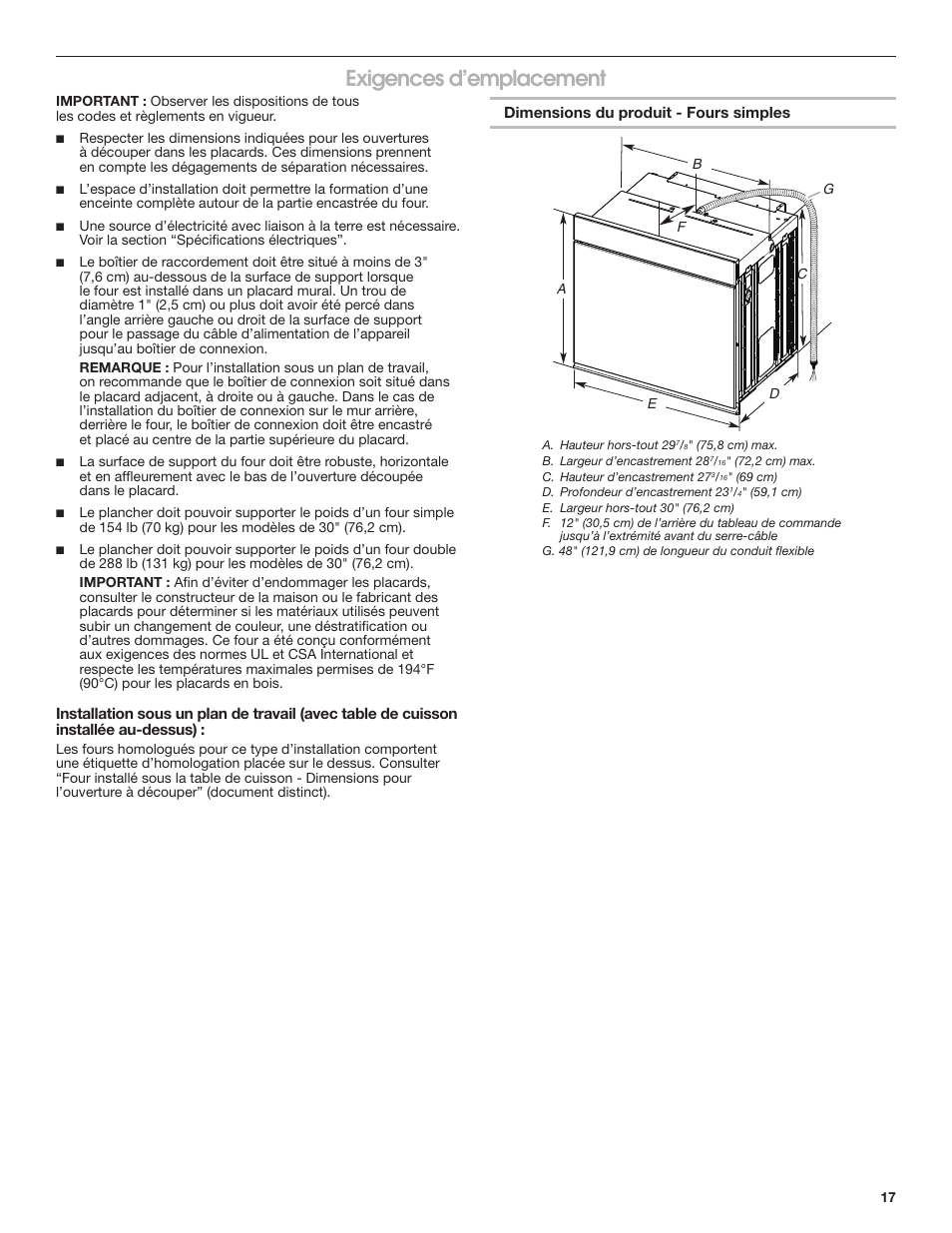 Exigences d’emplacement | JennAir Euro-Style Series 30 Inch Double Combination Smart Electric Wall Oven Installation Instructions User Manual | Page 17 / 32