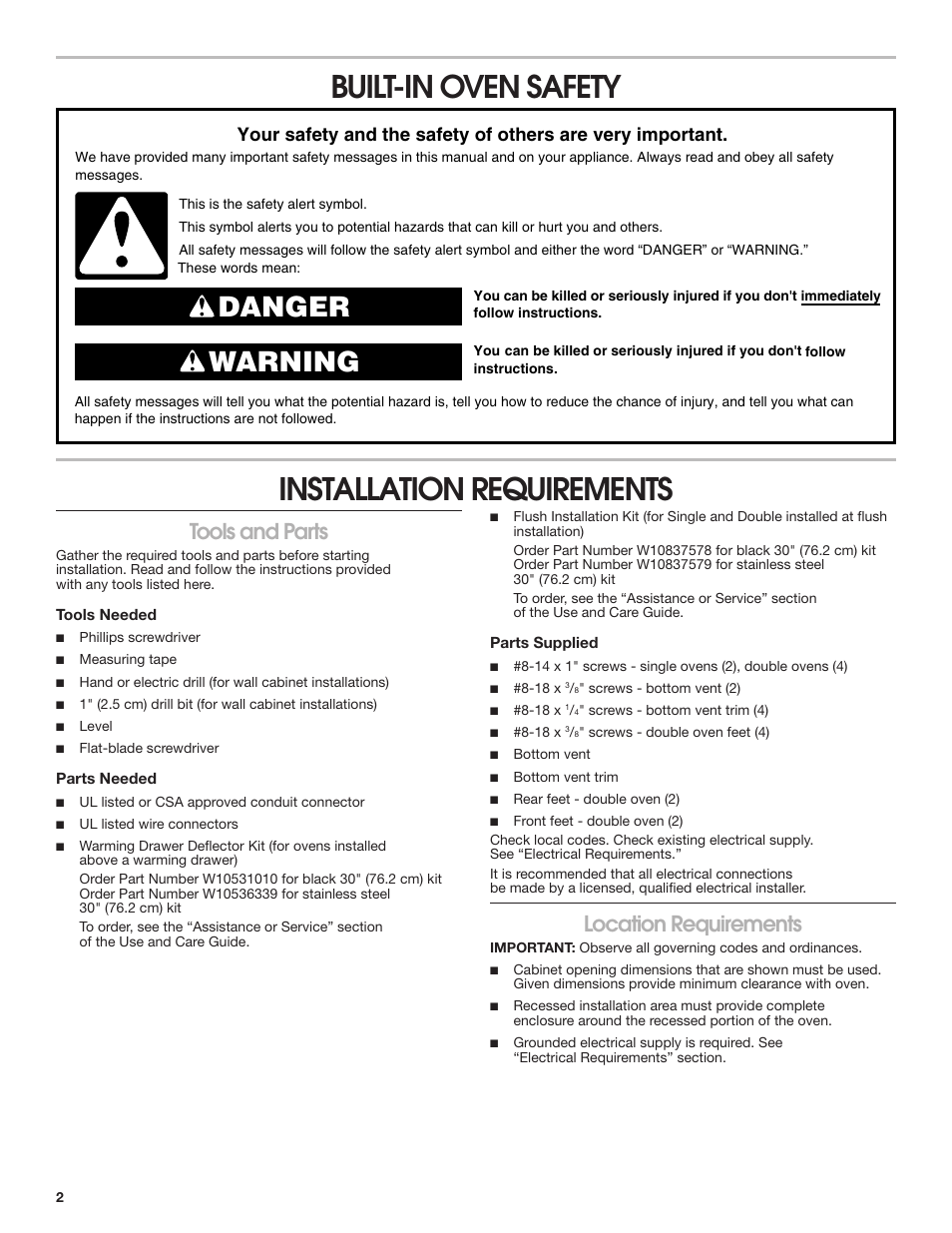 Built-in oven safety, Installation requirements, Tools and parts | Location requirements, Built-in oven safety installation requirements, Tools and parts location requirements, Danger warning | JennAir Euro-Style Series 30 Inch Double Combination Smart Electric Wall Oven Installation Instructions User Manual | Page 2 / 32