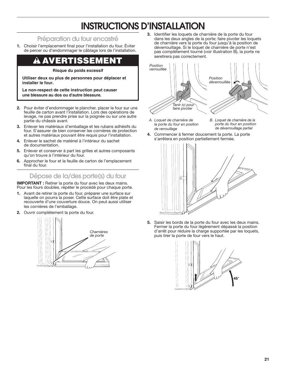 Instructions d’installation, Préparation du four encastré, Dépose de la/des porte(s) du four | Avertissement | JennAir Euro-Style Series 30 Inch Double Combination Smart Electric Wall Oven Installation Instructions User Manual | Page 21 / 32