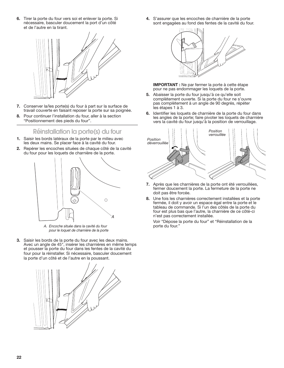 Réinstallation la porte(s) du four | JennAir Euro-Style Series 30 Inch Double Combination Smart Electric Wall Oven Installation Instructions User Manual | Page 22 / 32