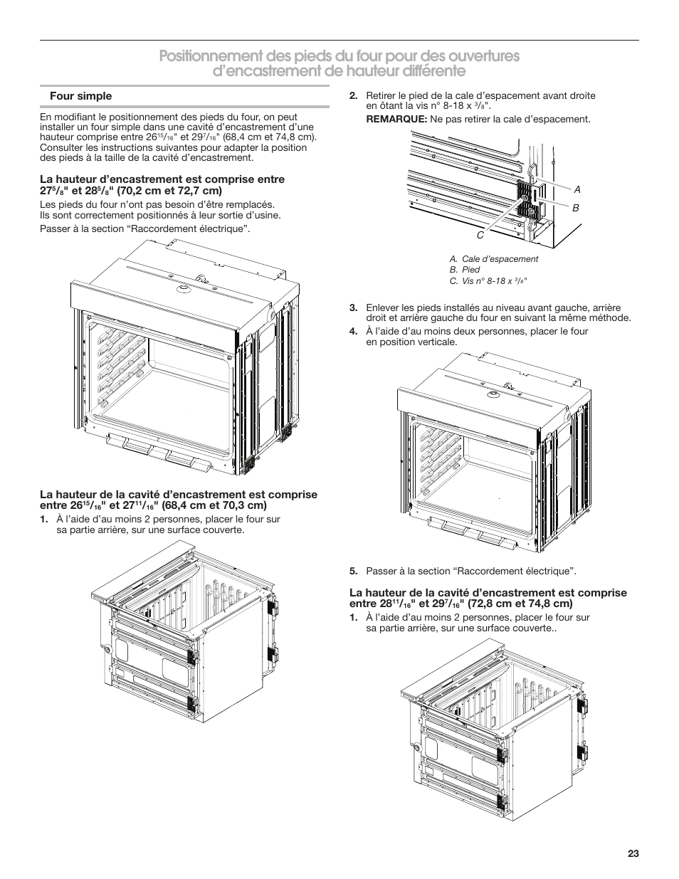 Positionnement des pieds du four pour | JennAir Euro-Style Series 30 Inch Double Combination Smart Electric Wall Oven Installation Instructions User Manual | Page 23 / 32