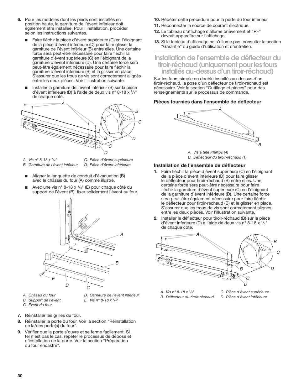 Installation de l’ensemble de déflecteur, Du tiroir-réchaud (uniquement pour les fours, Installés au-dessus d’un tiroir-réchaud) | JennAir Euro-Style Series 30 Inch Double Combination Smart Electric Wall Oven Installation Instructions User Manual | Page 30 / 32