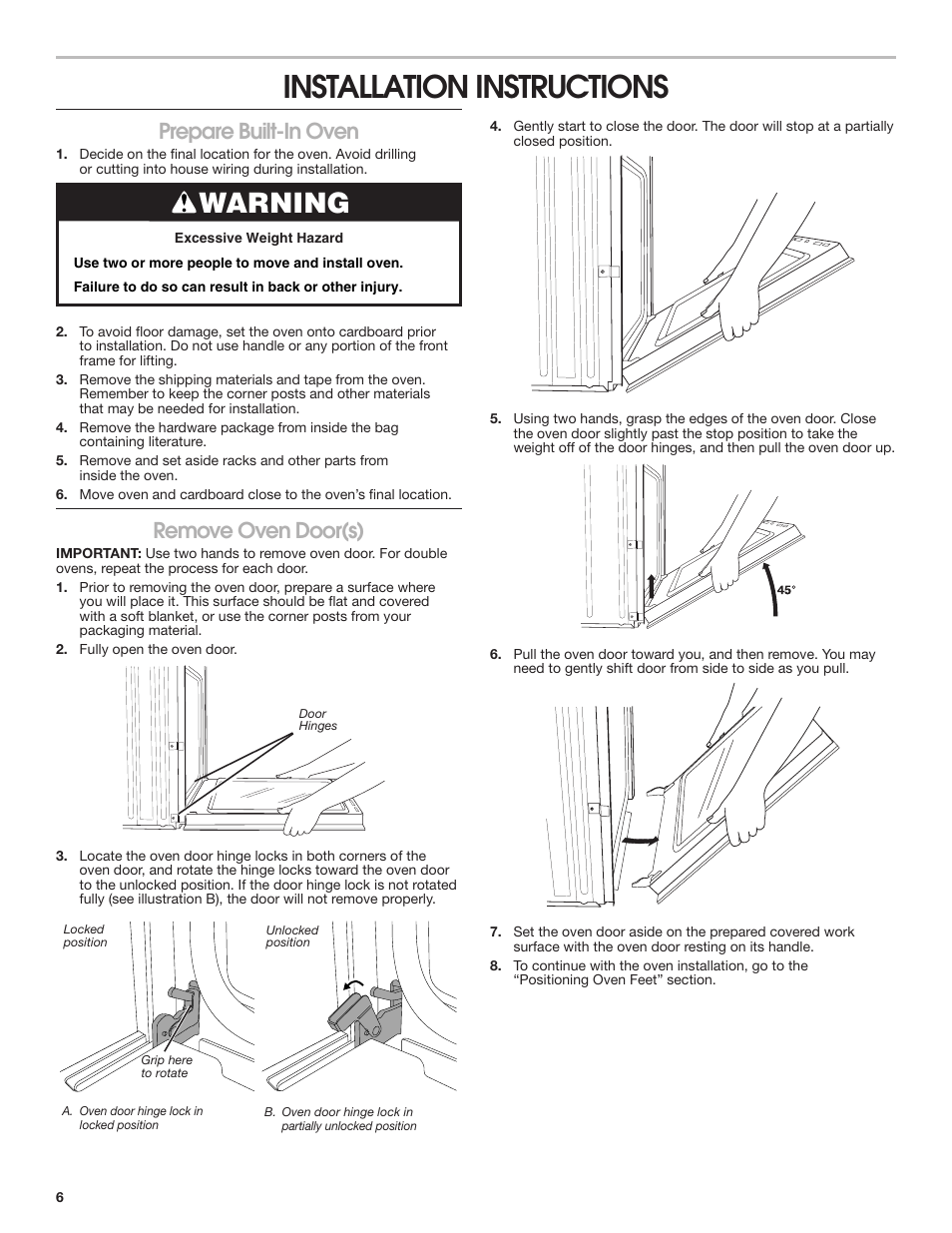 Installation instructions, Prepare built-in oven, Remove oven door(s) | Prepare built-in oven remove oven door(s), Warning | JennAir Euro-Style Series 30 Inch Double Combination Smart Electric Wall Oven Installation Instructions User Manual | Page 6 / 32