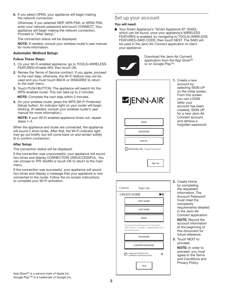 Set up your account | JennAir Euro-Style Series 30 Inch Double Combination Smart Electric Wall Oven Instruction Sheet User Manual | Page 2 / 8