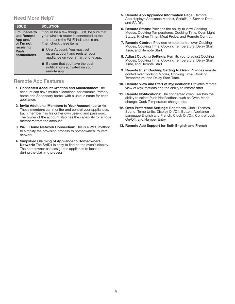 Remote app features, Need more help | JennAir Euro-Style Series 30 Inch Double Combination Smart Electric Wall Oven Instruction Sheet User Manual | Page 4 / 8