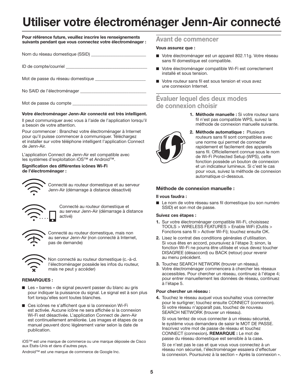 Utiliser votre électroménager jenn-air connecté, Avant de commencer, Évaluer lequel des deux modes de connexion choisir | JennAir Euro-Style Series 30 Inch Double Combination Smart Electric Wall Oven Instruction Sheet User Manual | Page 5 / 8