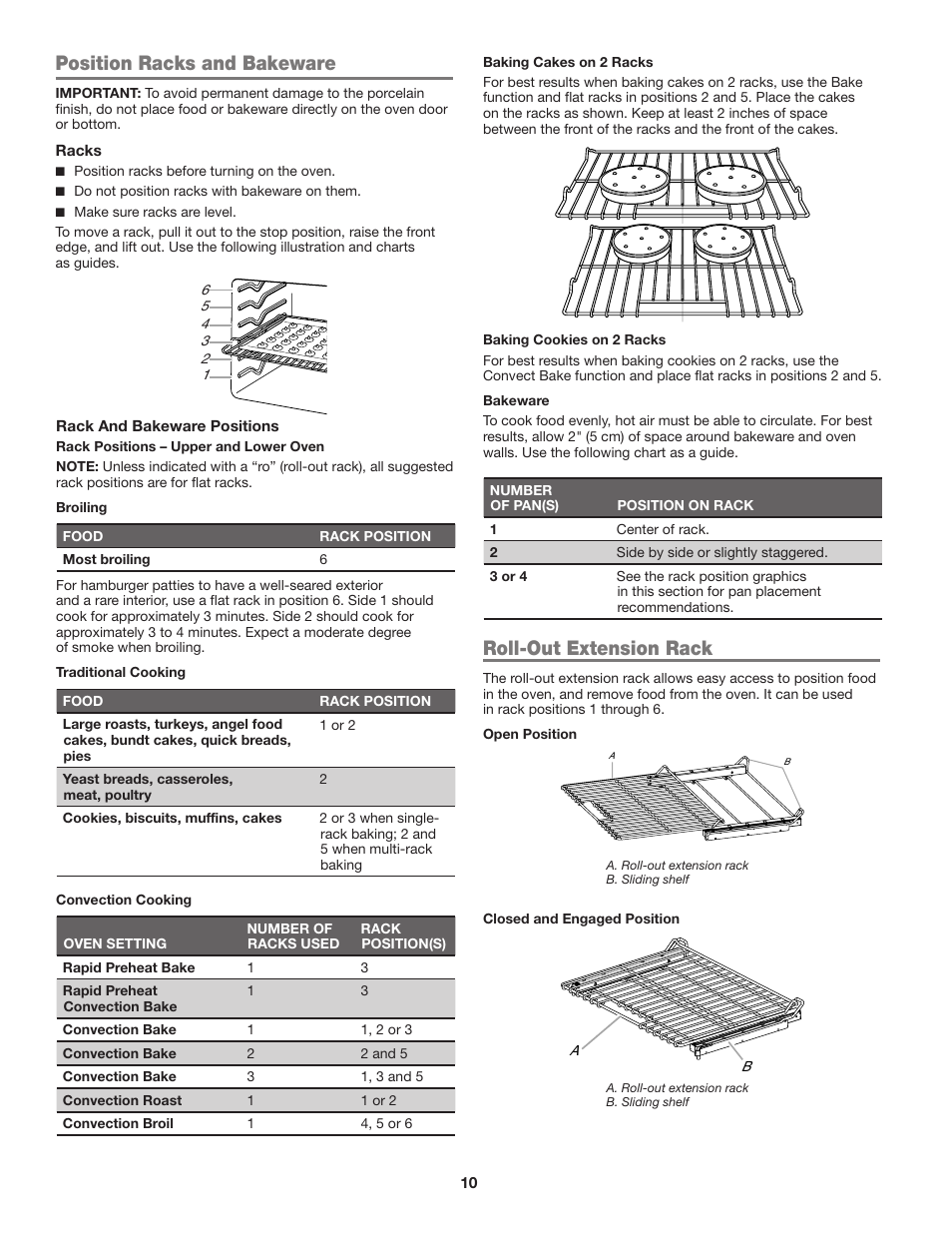 Position racks and bakeware, Roll-out extension rack | JennAir Euro-Style Series 30 Inch Single Convection Smart Electric Wall Oven User Guide User Manual | Page 10 / 40