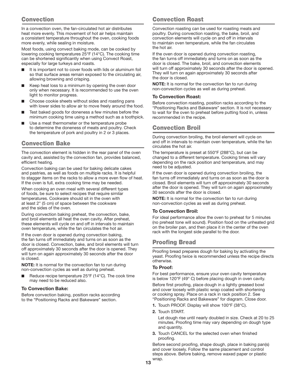 Convection, Convection bake, Convection roast | Convection broil, Proofing bread | JennAir Euro-Style Series 30 Inch Single Convection Smart Electric Wall Oven User Guide User Manual | Page 13 / 40