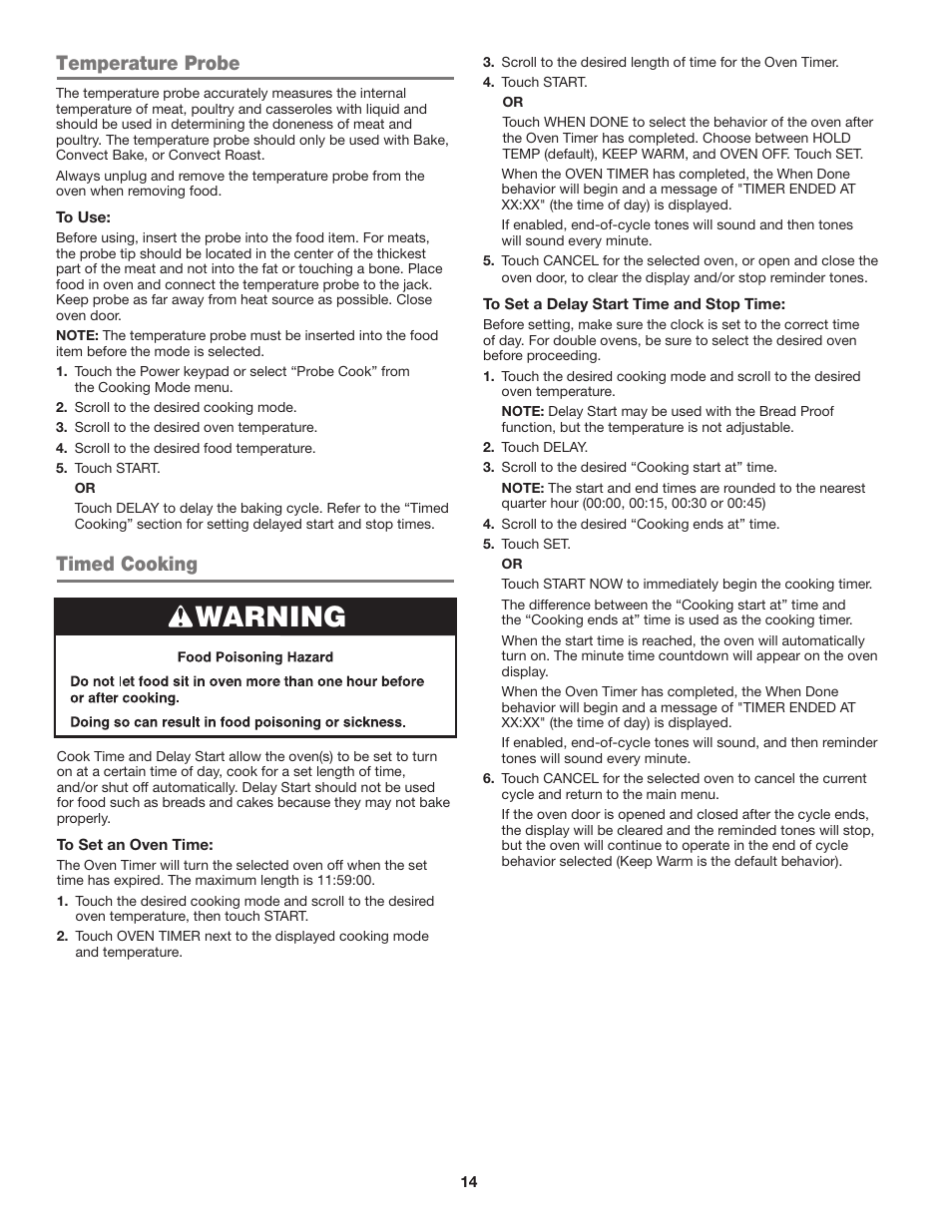 Warning, Temperature probe, Timed cooking | JennAir Euro-Style Series 30 Inch Single Convection Smart Electric Wall Oven User Guide User Manual | Page 14 / 40