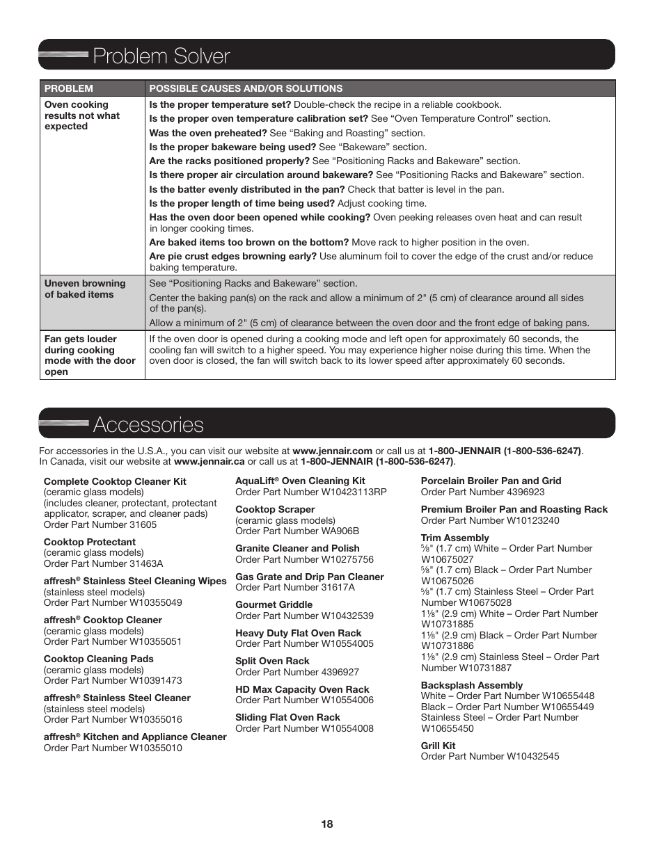 Accessories, Problem solver | JennAir Euro-Style Series 30 Inch Single Convection Smart Electric Wall Oven User Guide User Manual | Page 18 / 40