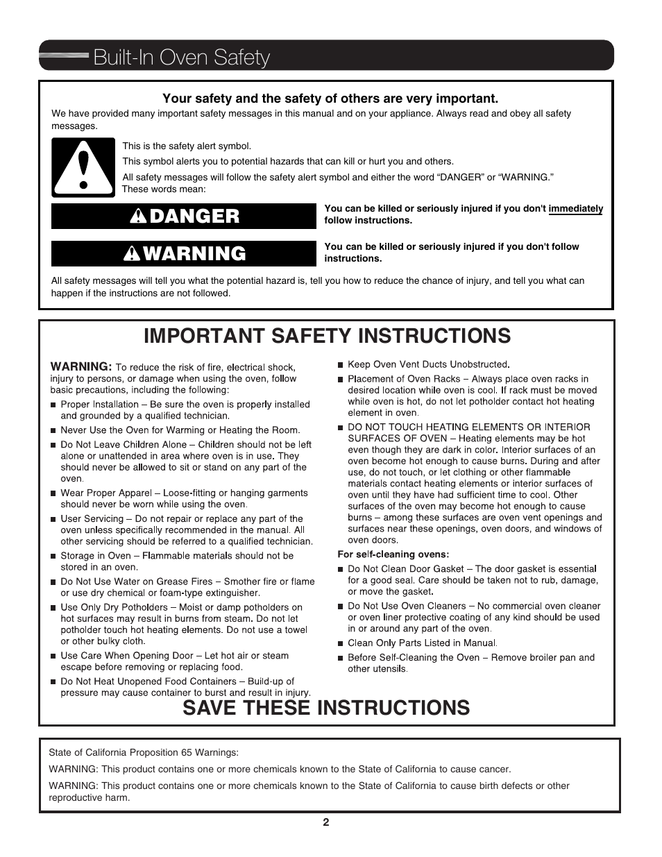 Built-in oven safety, Danger warning | JennAir Euro-Style Series 30 Inch Single Convection Smart Electric Wall Oven User Guide User Manual | Page 2 / 40
