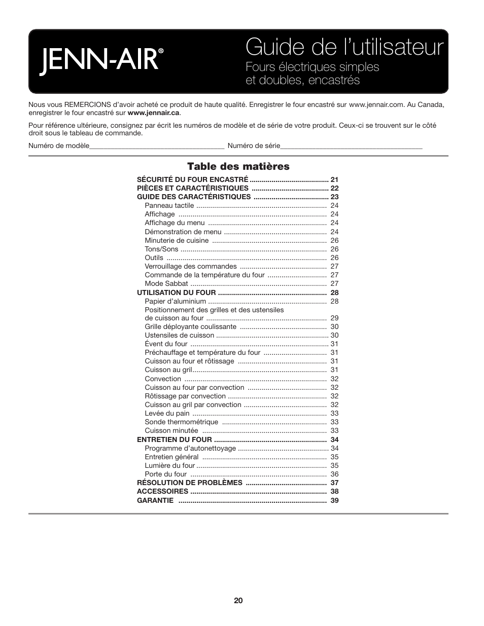 Guide de l’utilisateur, Fours électriques simples et doubles, encastrés | JennAir Euro-Style Series 30 Inch Single Convection Smart Electric Wall Oven User Guide User Manual | Page 20 / 40