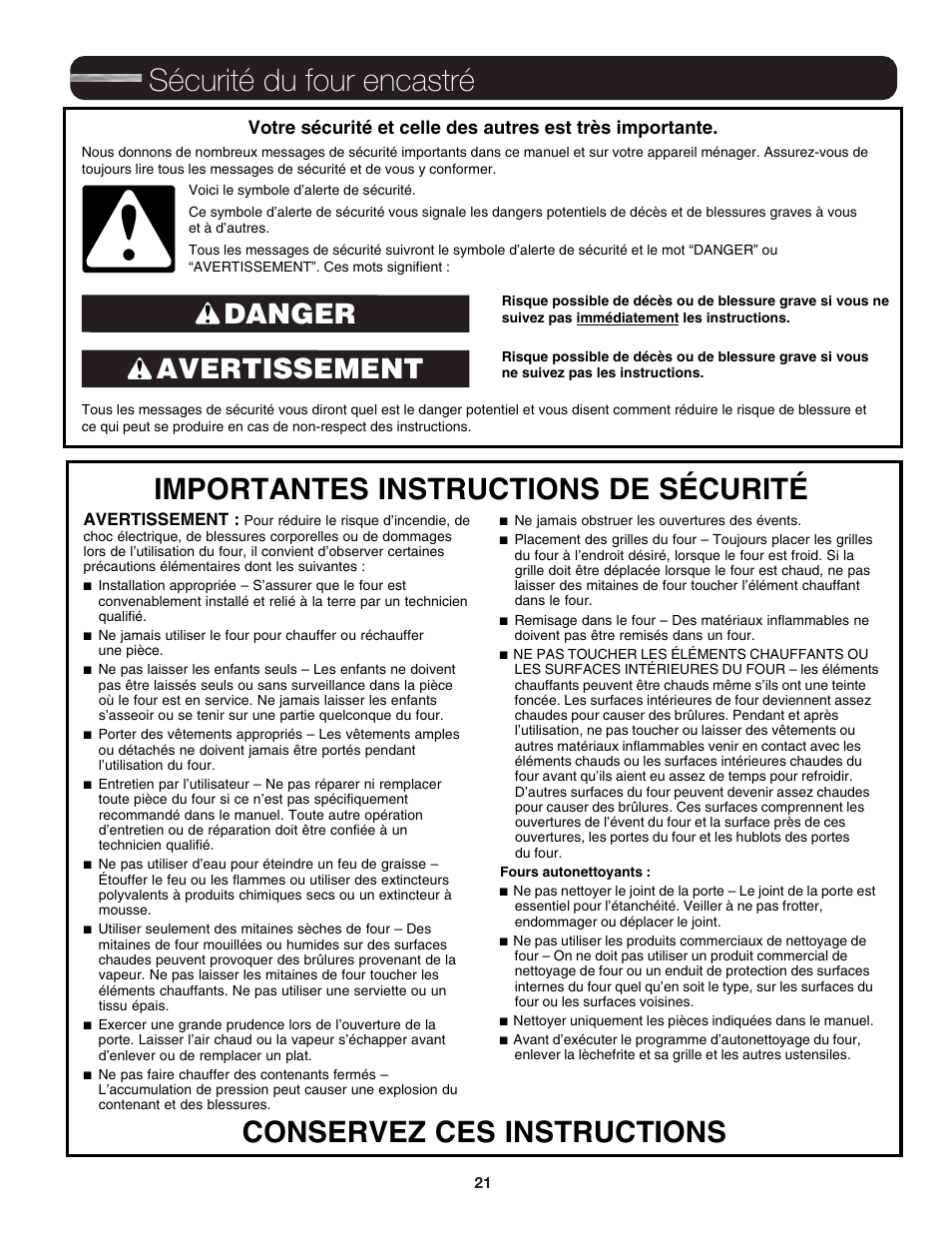 Sécurité du four encastré, Avertissement danger | JennAir Euro-Style Series 30 Inch Single Convection Smart Electric Wall Oven User Guide User Manual | Page 21 / 40