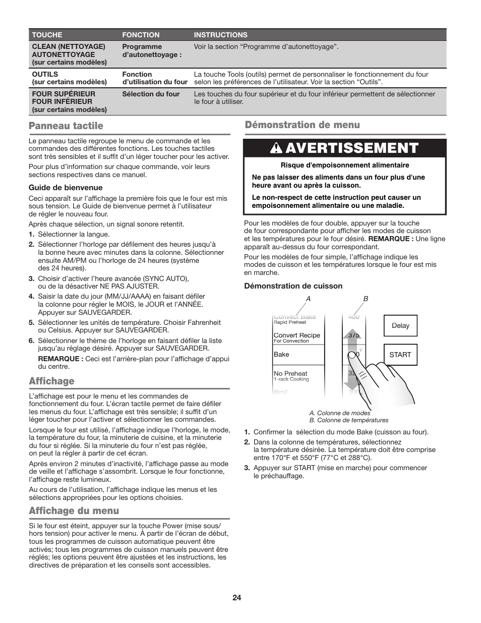 Avertissement, Affichage, Affichage du menu | Panneau tactile, Démonstration de menu | JennAir Euro-Style Series 30 Inch Single Convection Smart Electric Wall Oven User Guide User Manual | Page 24 / 40