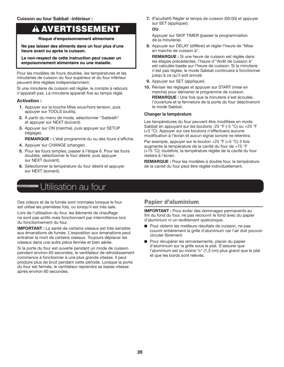 Utilisation au four, Avertissement, Papier d’aluminium | JennAir Euro-Style Series 30 Inch Single Convection Smart Electric Wall Oven User Guide User Manual | Page 28 / 40