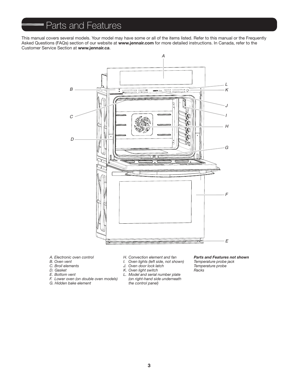 Parts and features | JennAir Euro-Style Series 30 Inch Single Convection Smart Electric Wall Oven User Guide User Manual | Page 3 / 40