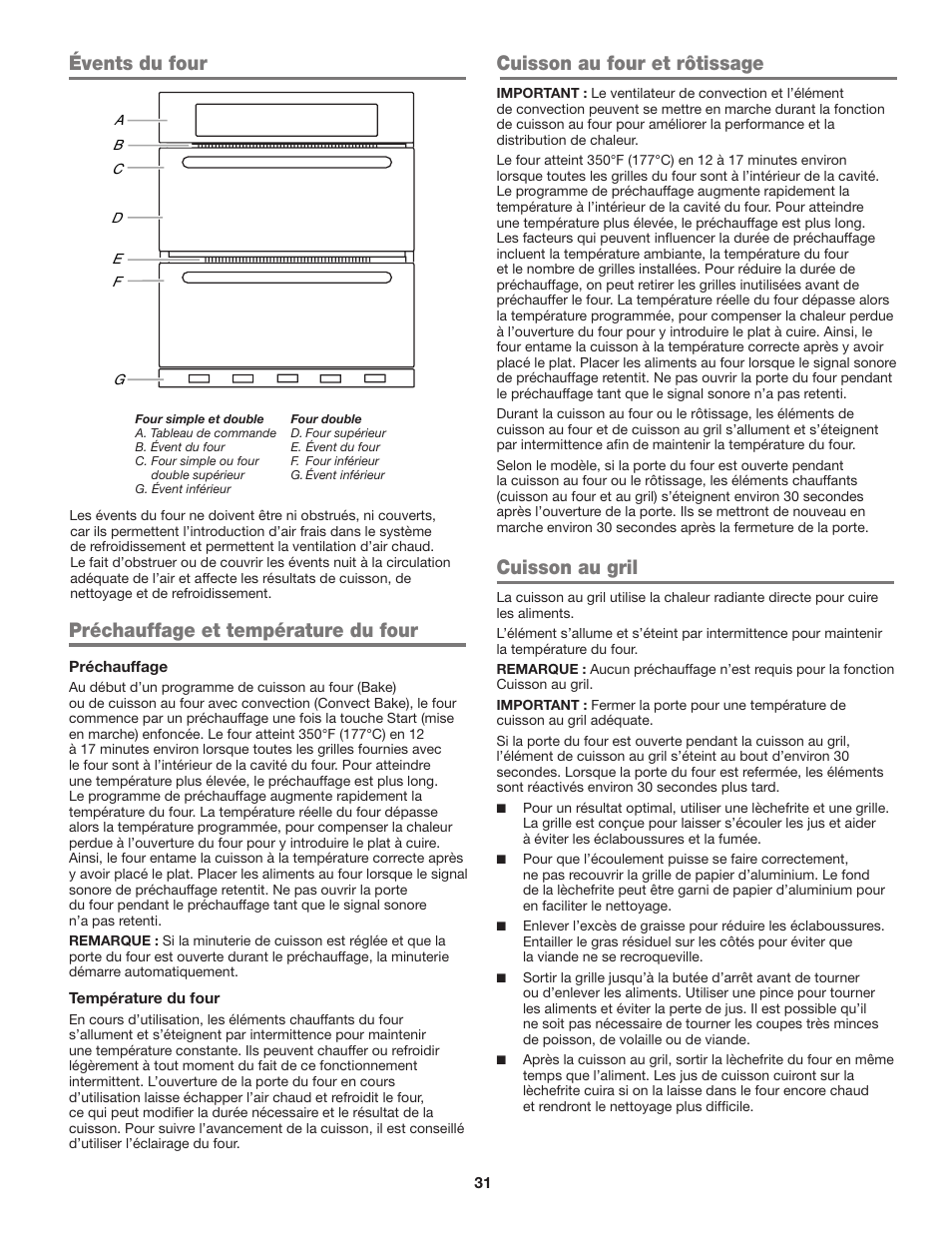 Évents du four, Préchauffage et température du four, Cuisson au four et rôtissage | Cuisson au gril | JennAir Euro-Style Series 30 Inch Single Convection Smart Electric Wall Oven User Guide User Manual | Page 31 / 40