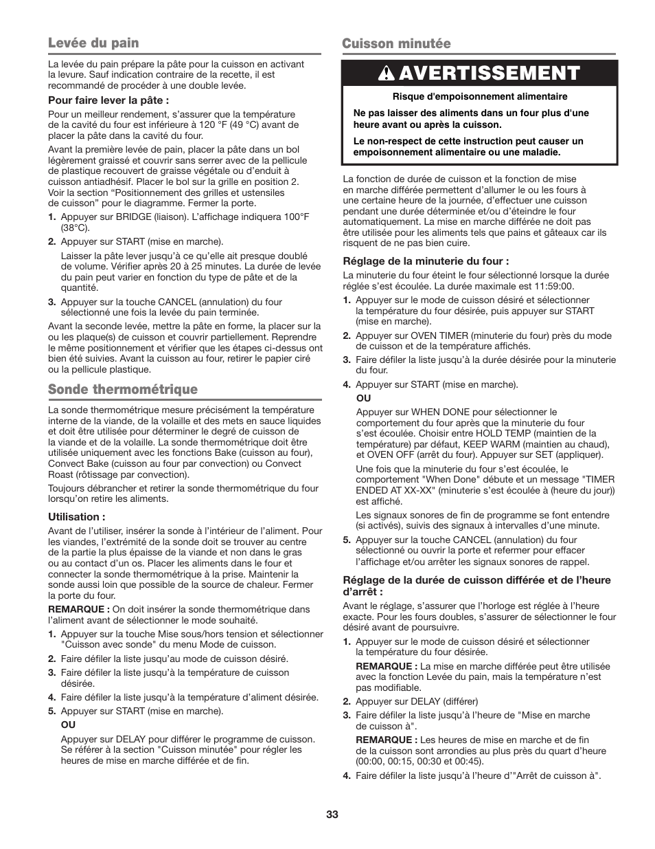 Avertissement, Levée du pain, Sonde thermométrique | Cuisson minutée | JennAir Euro-Style Series 30 Inch Single Convection Smart Electric Wall Oven User Guide User Manual | Page 33 / 40