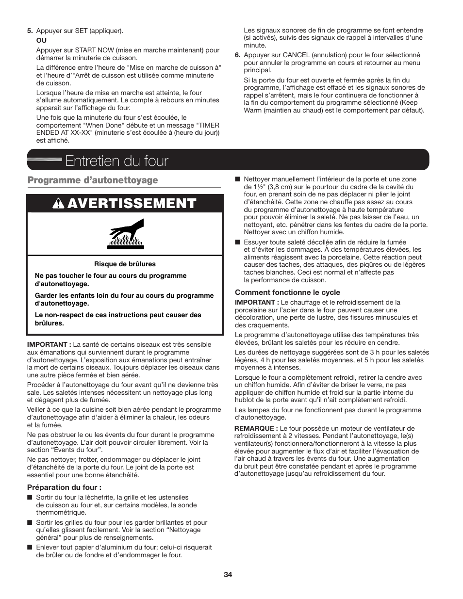 Entretien du four, Avertissement, Programme d’autonettoyage | JennAir Euro-Style Series 30 Inch Single Convection Smart Electric Wall Oven User Guide User Manual | Page 34 / 40