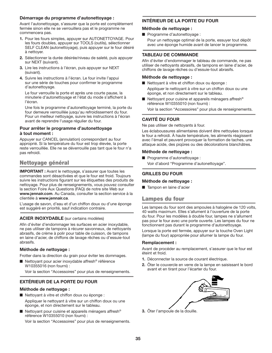 Nettoyage général, Lampes du four | JennAir Euro-Style Series 30 Inch Single Convection Smart Electric Wall Oven User Guide User Manual | Page 35 / 40