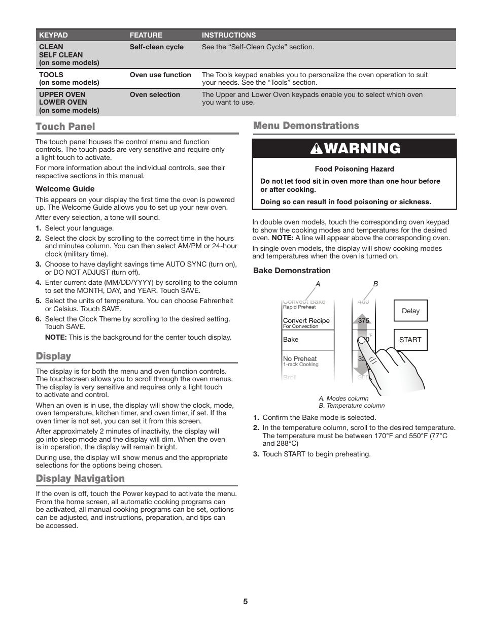 Warning, Display, Display navigation | Touch panel, Menu demonstrations | JennAir Euro-Style Series 30 Inch Single Convection Smart Electric Wall Oven User Guide User Manual | Page 5 / 40