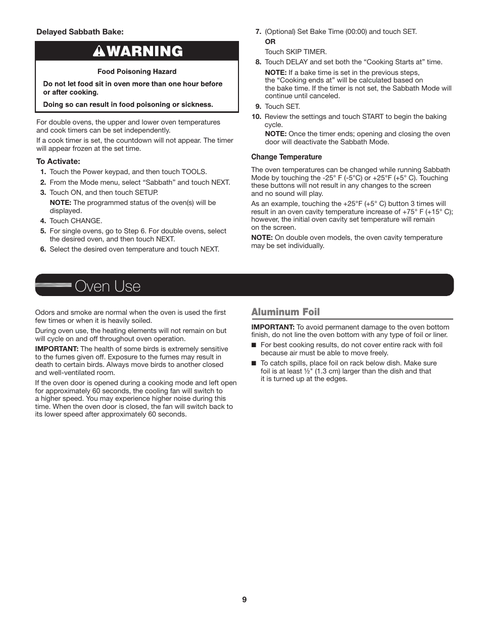 Oven use, Warning, Aluminum foil | JennAir Euro-Style Series 30 Inch Single Convection Smart Electric Wall Oven User Guide User Manual | Page 9 / 40