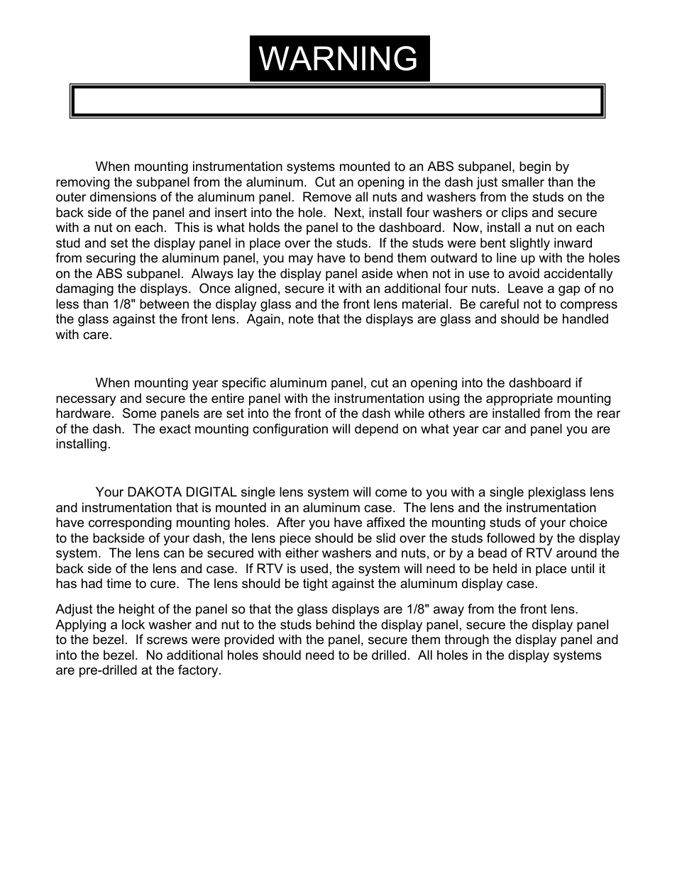 Warning, Mounting universal display systems with subpanels, Mounting systems with displays mounted to aluminum | Mounting single lens systems | Dakota Digital 3 User Manual | Page 3 / 32