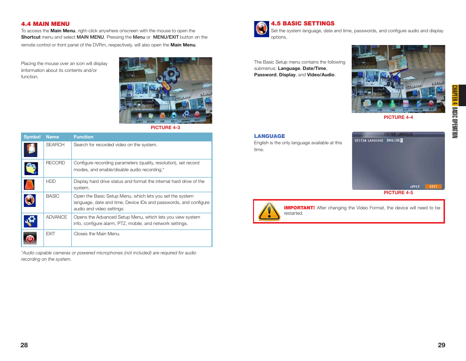 5 basic settings, Language, 4 main menu | Chapter 4 basic opera tion | Q-See NETWORK DVR QS408 User Manual | Page 15 / 31