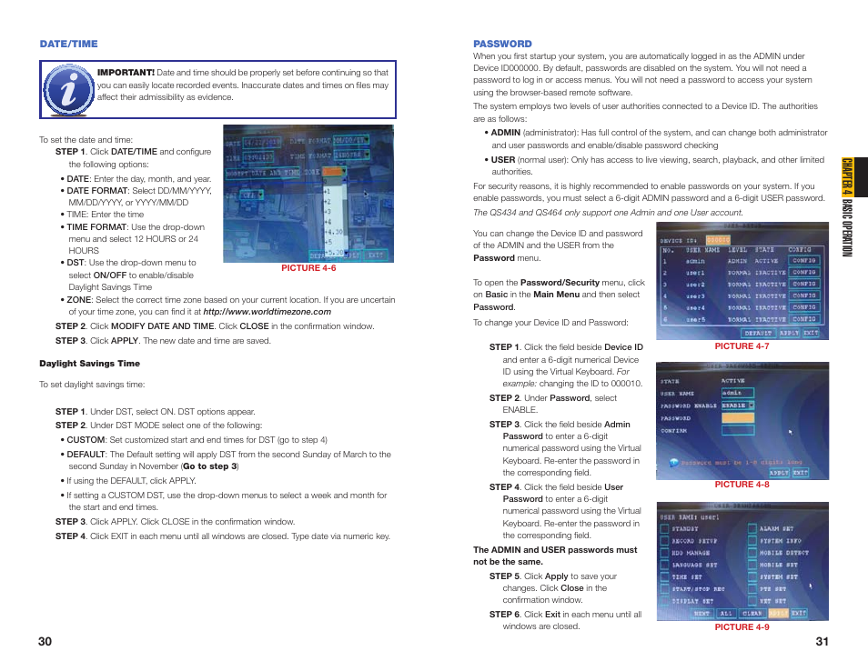 Date/time, Password, Chapter 4 basic opera tion | Q-See NETWORK DVR QS408 User Manual | Page 16 / 31