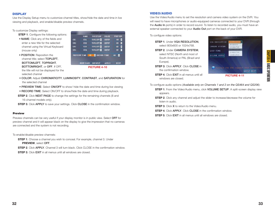 Display, Video/audio, Chapter 4 basic opera tion | Q-See NETWORK DVR QS408 User Manual | Page 17 / 31