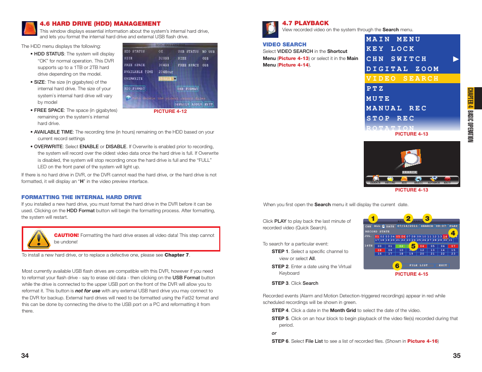 7 playback, Video search, 6 hard drive (hdd) management | Formatting the internal hard drive, Chapter 4 basic opera tion | Q-See NETWORK DVR QS408 User Manual | Page 18 / 31