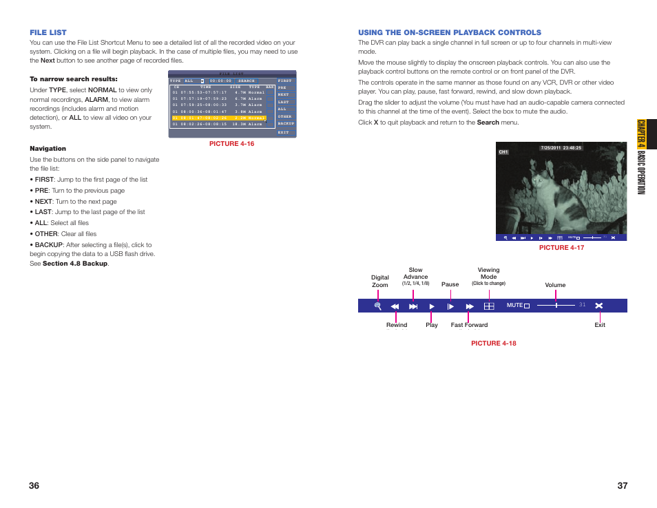 File list, Using the on-screen playback controls, Chapter 4 basic opera tion | Q-See NETWORK DVR QS408 User Manual | Page 19 / 31