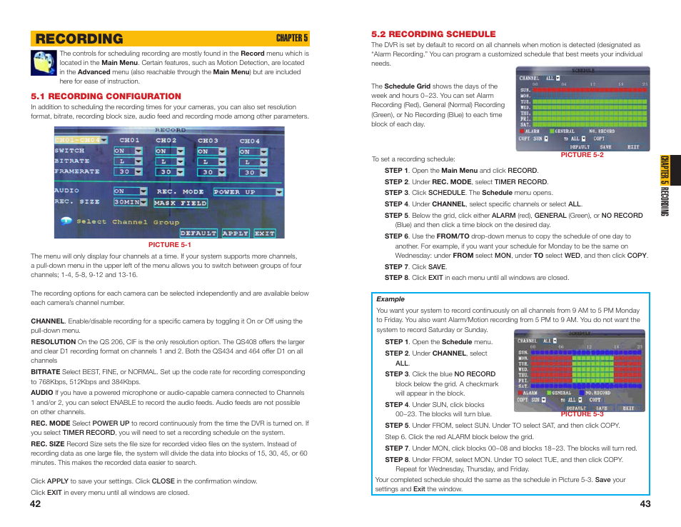 2 recording schedule, 1 recording configuration, Recording | Chapter 5 recording, Chapter 5 | Q-See NETWORK DVR QS408 User Manual | Page 22 / 31