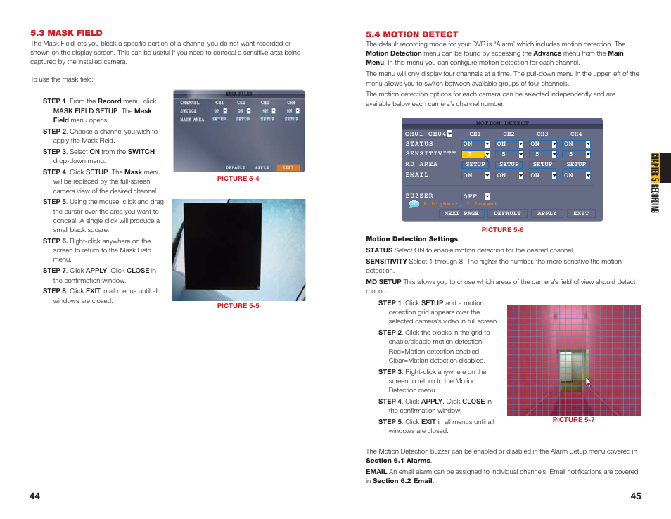 4 motion detect, 3 mask field, Chapter 5 recording | Q-See NETWORK DVR QS408 User Manual | Page 23 / 31