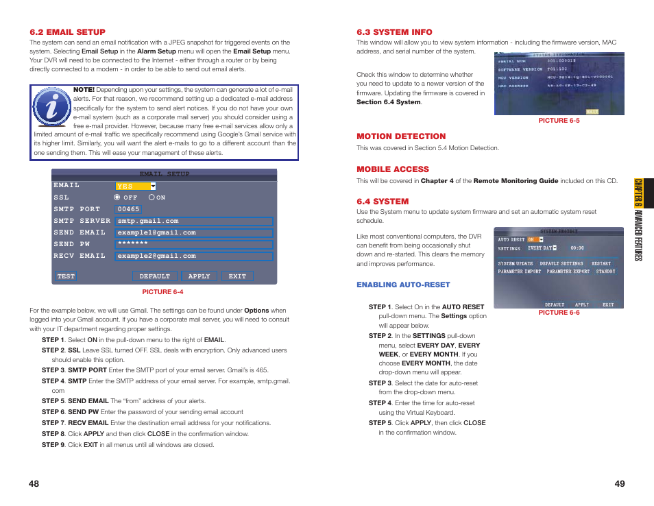 4 system, 3 system info, 2 email setup | Chapter 6 adv anced fea tures | Q-See NETWORK DVR QS408 User Manual | Page 25 / 31