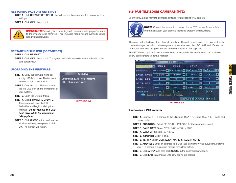 5 pan-tilt-zoom cameras (ptz), Restoring factory settings, Restarting the dvr (soft-reset) | Upgrading the firmware, Chapter 6 adv anced fea tures | Q-See NETWORK DVR QS408 User Manual | Page 26 / 31