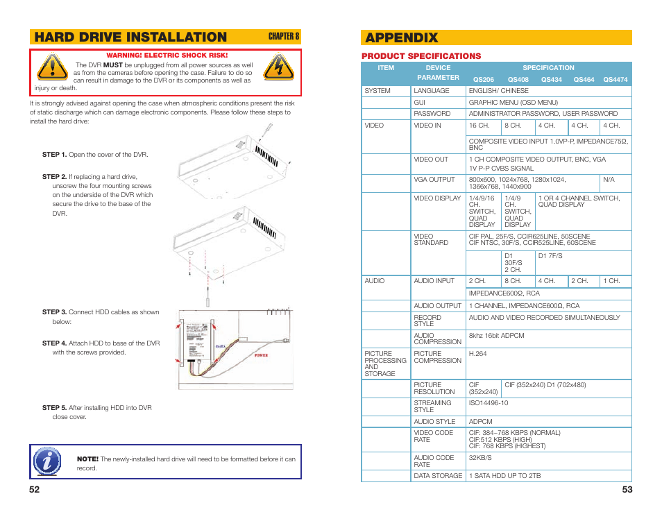 Product specifications, Hard drive installation, Appendix | Chapter 8 | Q-See NETWORK DVR QS408 User Manual | Page 27 / 31