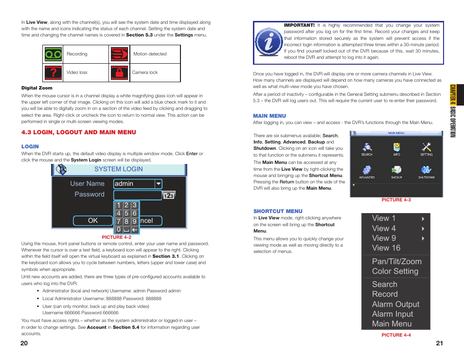 3 login, logout and main menu, Login, Main menu | Shortcut menu | Q-See QC40108 User Manual | Page 11 / 35