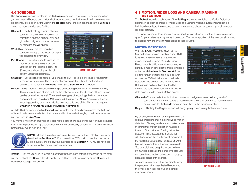 7 motion, video loss and camera masking detection, Motion detection, 6 schedule | Chapter 4 basic opera tion | Q-See QC40108 User Manual | Page 15 / 35