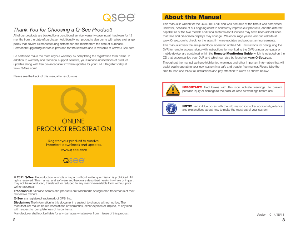 About this manual | Q-See QC40108 User Manual | Page 2 / 35
