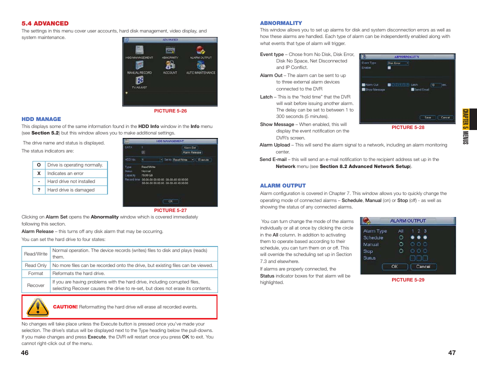 Hdd manage, Abnormality, 4 advanced | Chapter 5 menus | Q-See QC40108 User Manual | Page 24 / 35