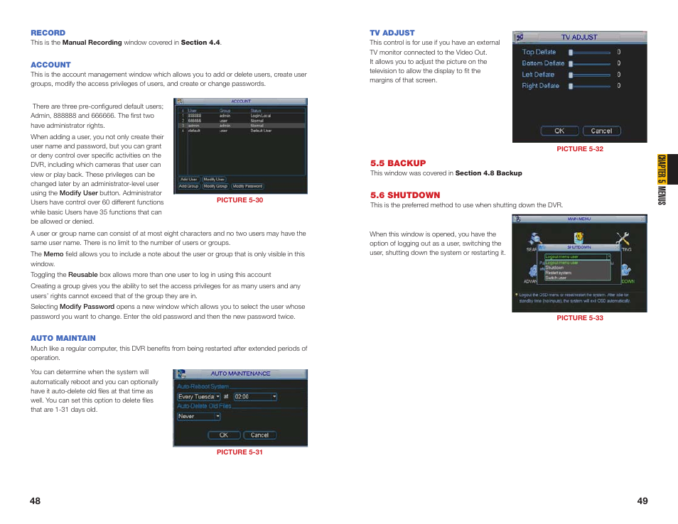 6 shutdown, 5 backup, Record | Account, Auto maintain, Tv adjust, Chapter 5 menus | Q-See QC40108 User Manual | Page 25 / 35