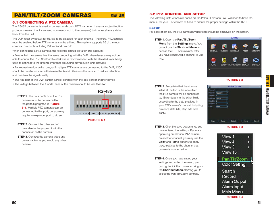 2 ptz control and setup, Setup, 1 connecting a ptz camera | Pan/tilt/zoom cameras, Chapter 6 p an/til t/zoom cameras, Chapter 6, Rs-485 | Q-See QC40108 User Manual | Page 26 / 35