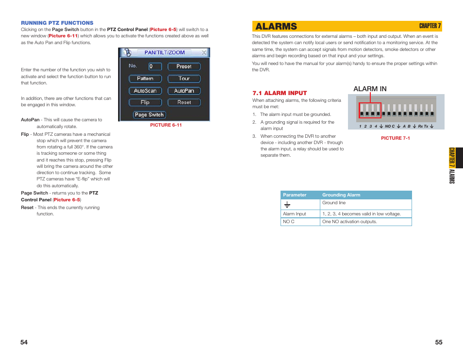 1 alarm input, Running ptz functions, Alarms | Chapter 7 alarms, Alarm in, Chapter 7 | Q-See QC40108 User Manual | Page 28 / 35