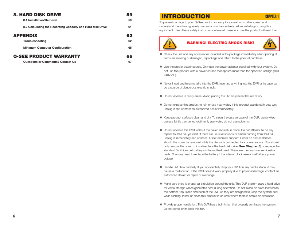 Introduction, Hard disk drive 59, Appendix 62 | Q-see product warranty 66, Chapter 1 | Q-See QC40108 User Manual | Page 4 / 35