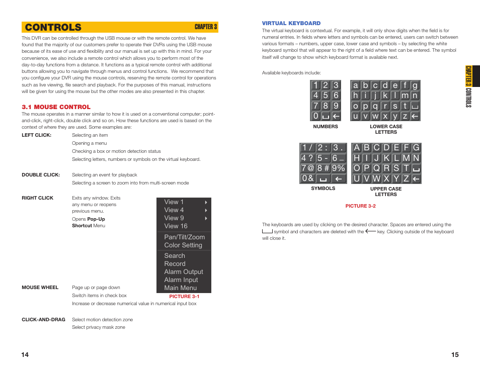 1 mouse control, Virtual keyboard, Controls | Q-See QC40108 User Manual | Page 8 / 35